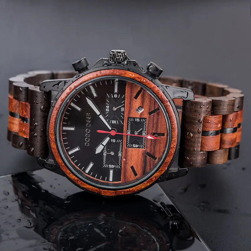 Wood Quartz Stop Watch Timer Luxury Chronograph Wristwatch Auto Date