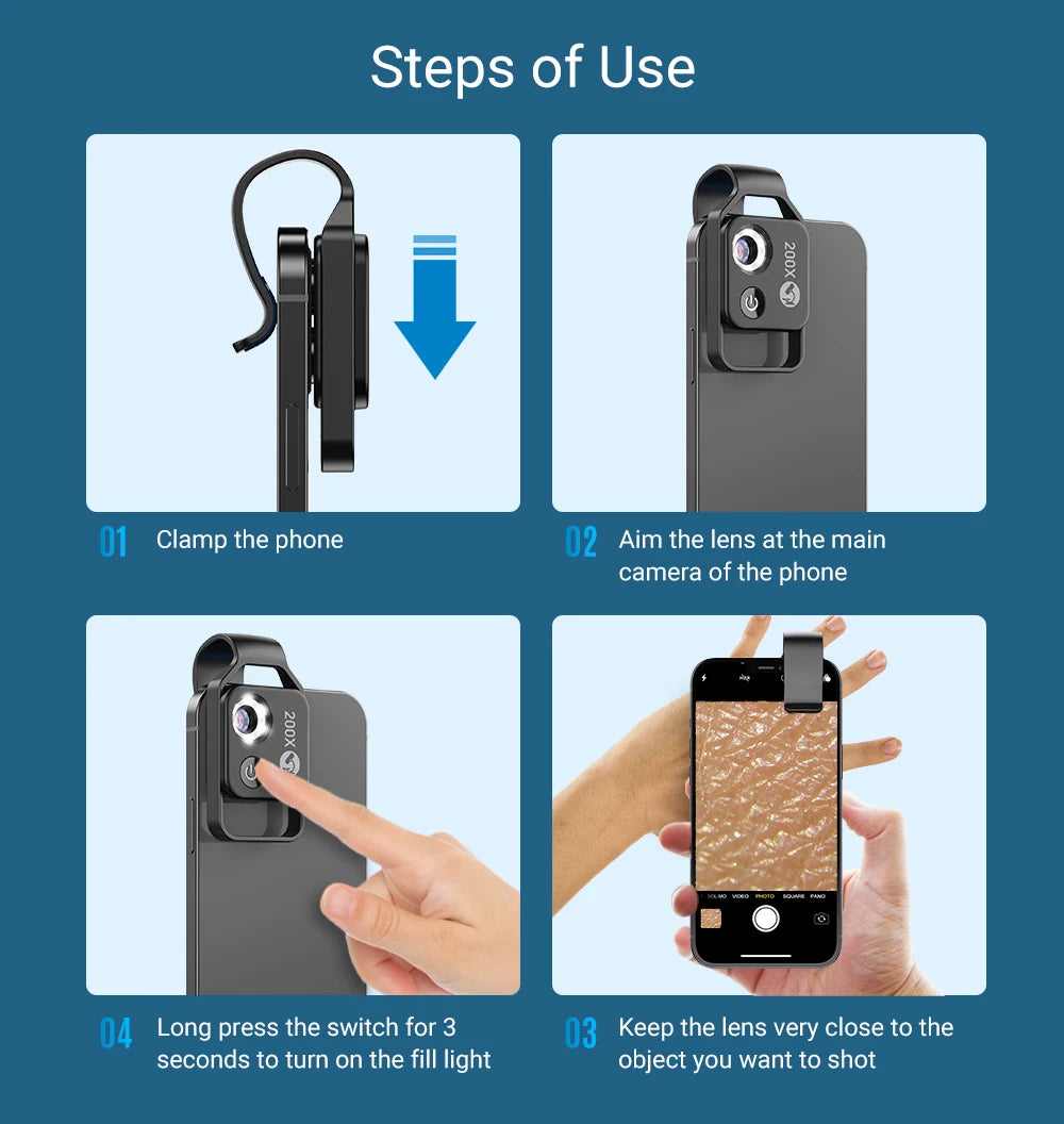 200X Smartphone Microscope Lens with LED Light Universal Clip