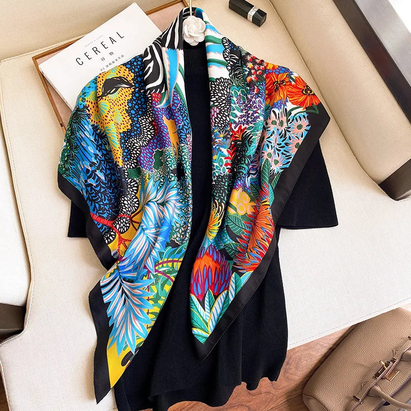 Women Scarf Silk Feeling Hair Neck Square Brand Office bandanna muffler Waiter Flight Attendants Handkerchief Rings wrap