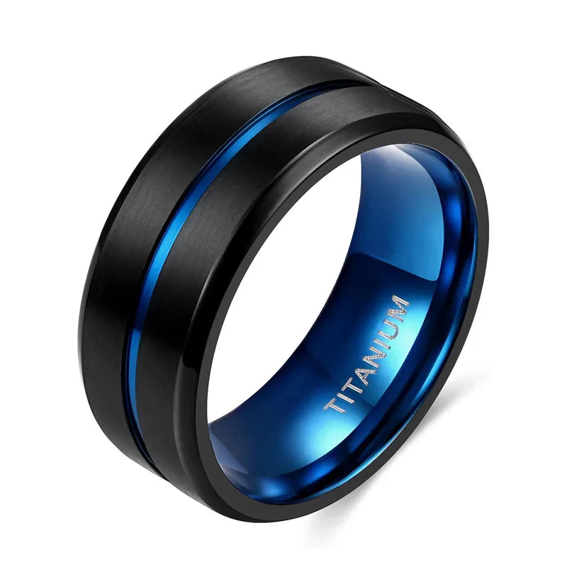 Titanium Ring 6 mm 8 mm 10 mm Blue Center Groove Wedding Ring