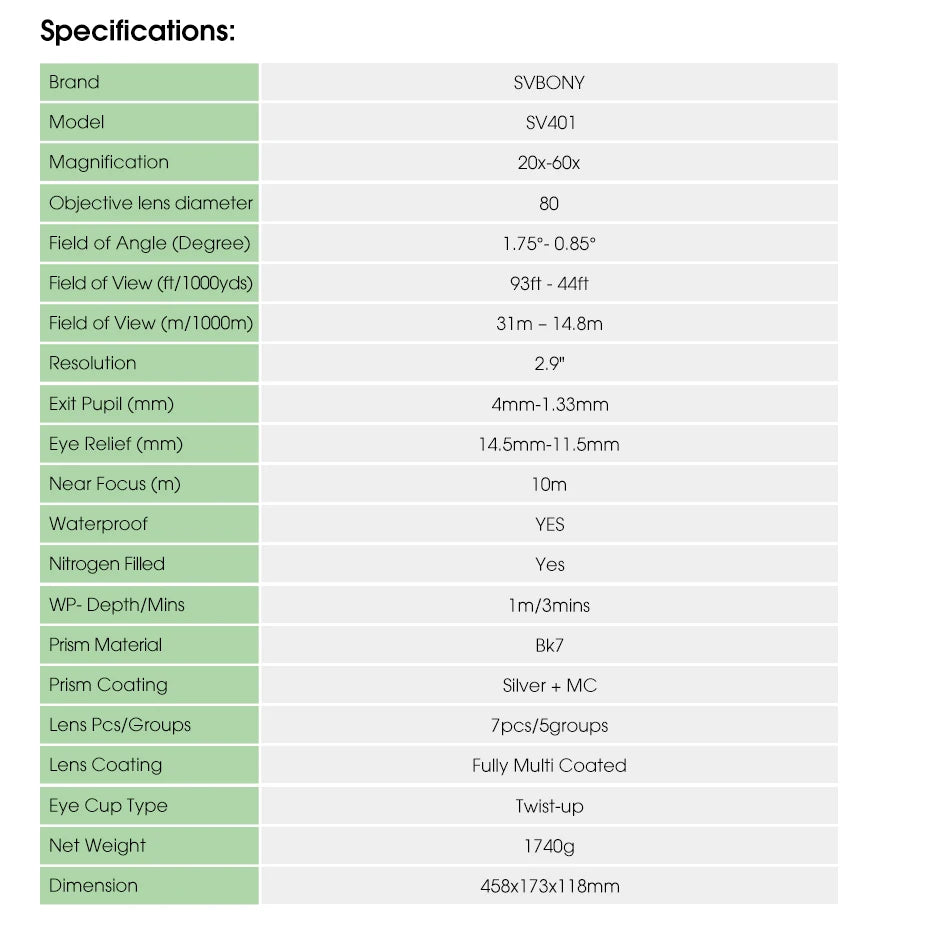 SV401 20-60x80 Spotting Scope BK7 Silver + MC Prism IPX6 Waterproof spyglass with Tripod Camping Equipment