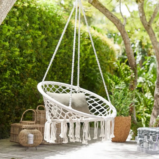 Nordic Style Round Hammock Swing Chair Safety Hanging Hammock Rope Hanging Garden Seat Beige Knitting Rope Swing Balcony Chair