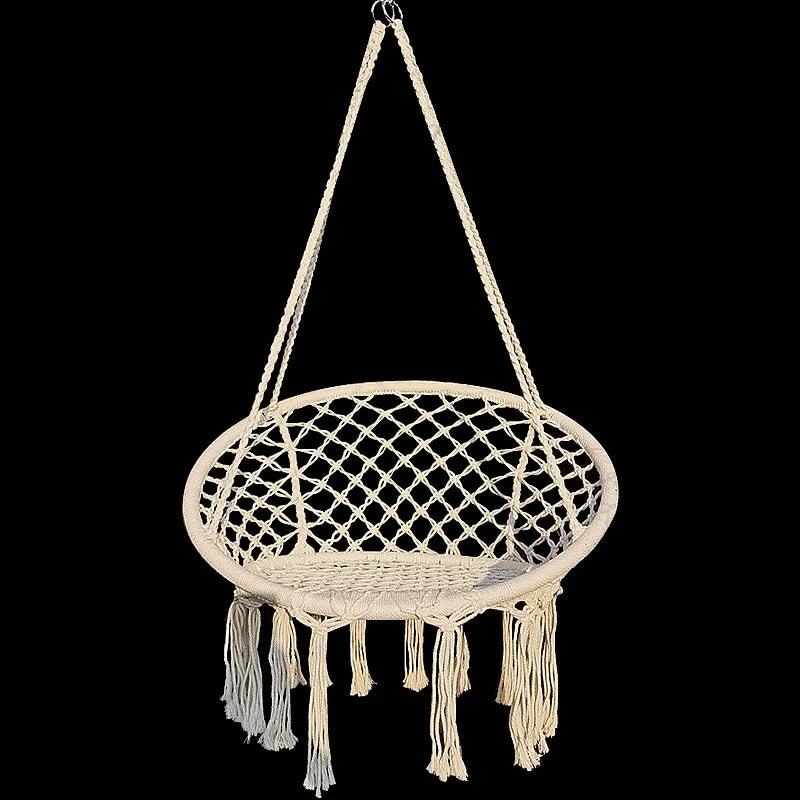 Nordic Style Round Hammock Swing Chair Safety Hanging Hammock Rope Hanging Garden Seat Beige Knitting Rope Swing Balcony Chair