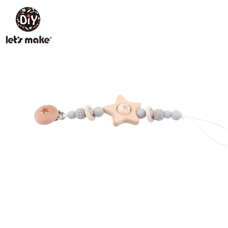 Let's Make 1PC Pacifier Chain Baby Teether Beech Star Wooden Clip Geometric Crochet Beads Pacifier Clip Chain Kids Tiny Rod Toys