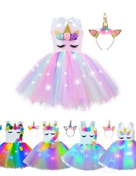 Girl Unicorn Dresses for Girls Tutu Princess Party Dresses with LED Lights Flower Birthday Party Cosplay Costume Girls Clothing
