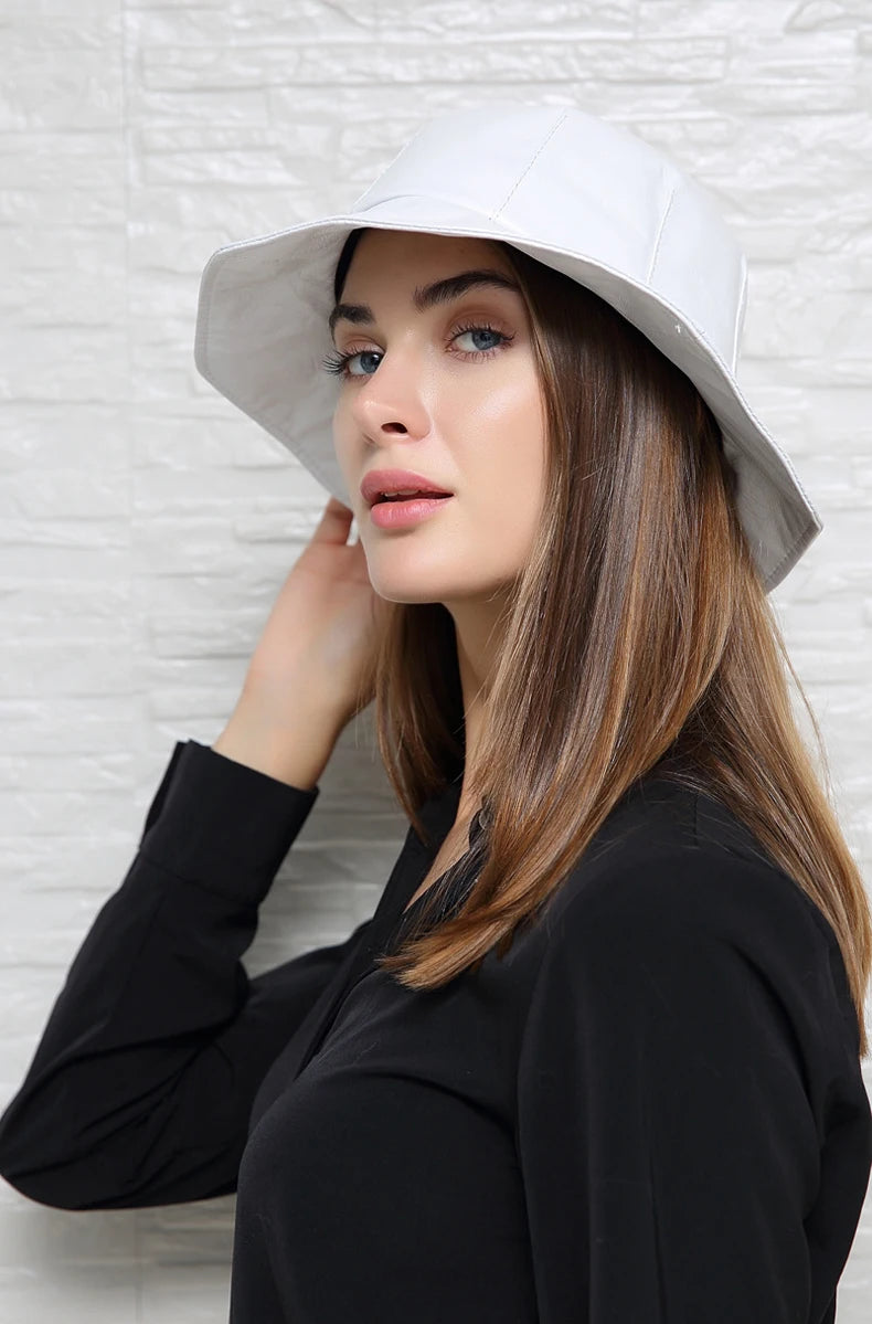 Winter Genuine Leather Hat For Women Korean British Bud Shape Big Brim Basin Caps Japanese Female White Fisherman Top Fedoras