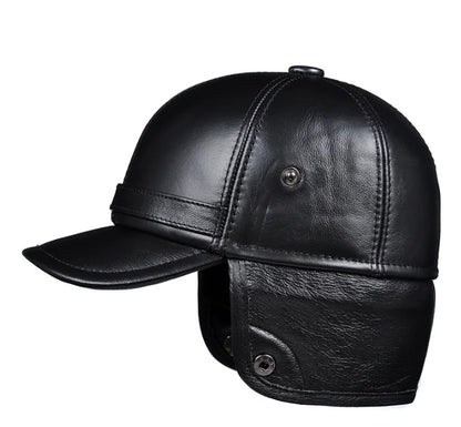 Winter Men's  Hat Thicken Leather Cowhide Baseball Caps With Ears Warm Snapback