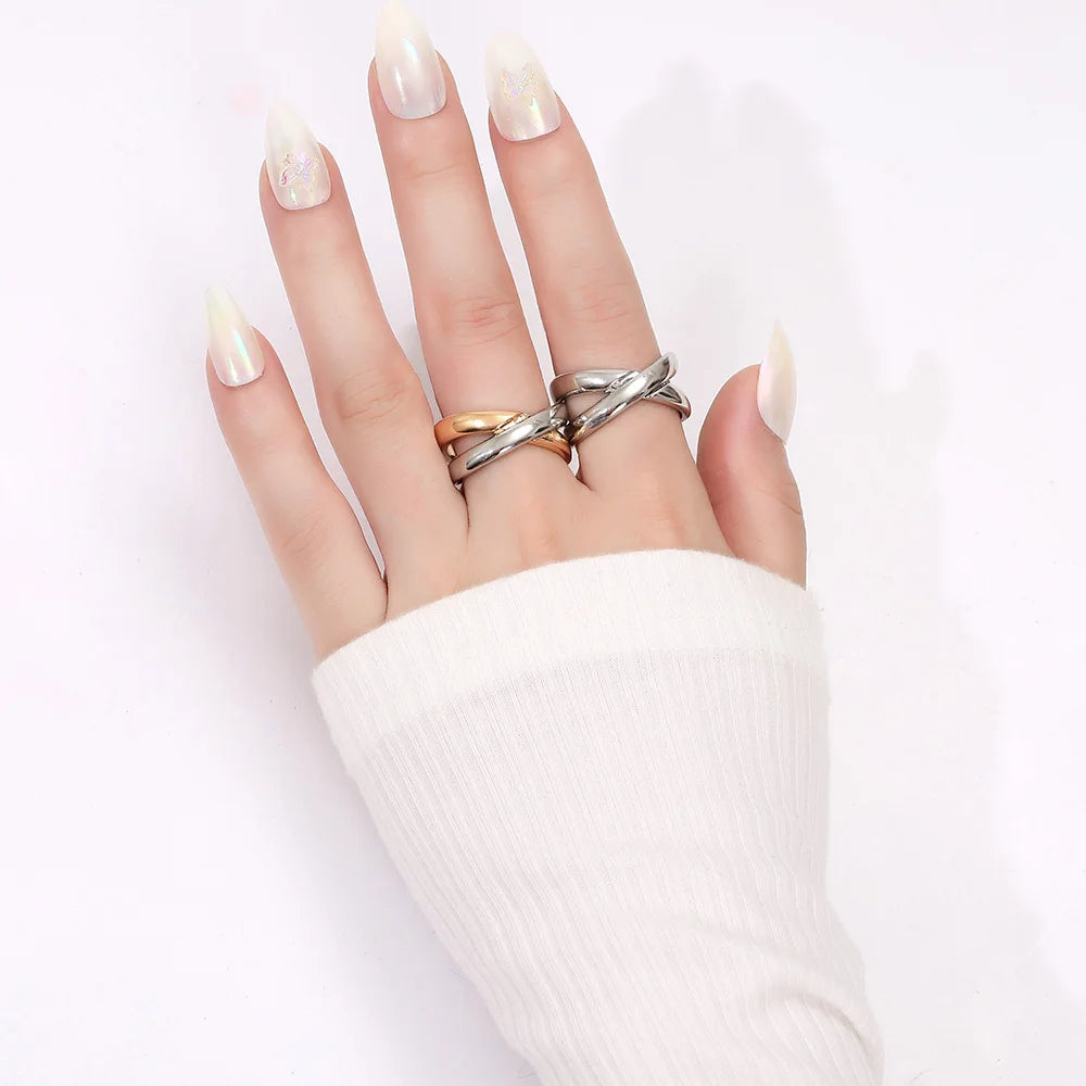 X-shaped Gold Color Mixing Metal criss-cross Rings Minimalist Circle Geometric Ring