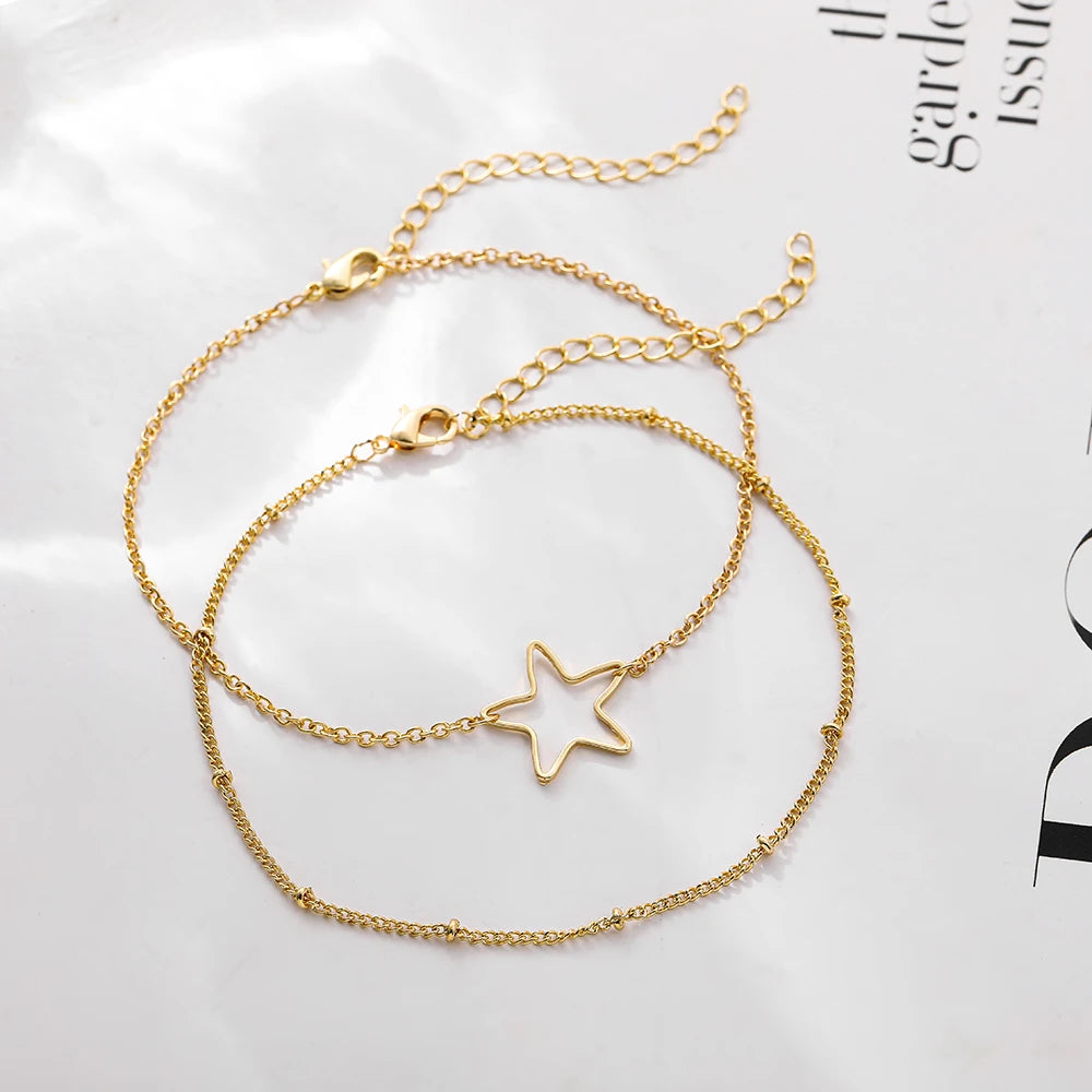 Bohemia Tiny Chain Anklet on The Leg for Women Girls Simple Hollow Star Anklet Bracelets