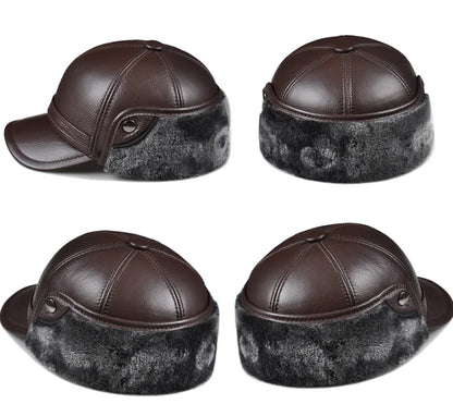 Winter Men's  Hat Thicken Leather Cowhide Baseball Caps With Ears Warm Snapback