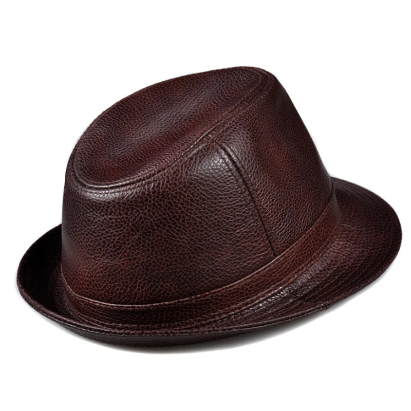 Man High Quality Genuine Leather Jazz Fedora Gentleman Cow Skin Short Brim Top Hat Male Shows Topper