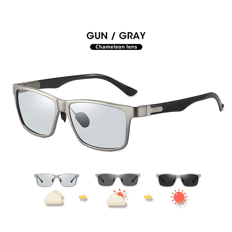 Carbon Fiber Square Photochromic Polarized UV400 Day Night Driving Sunglasses for Men Women