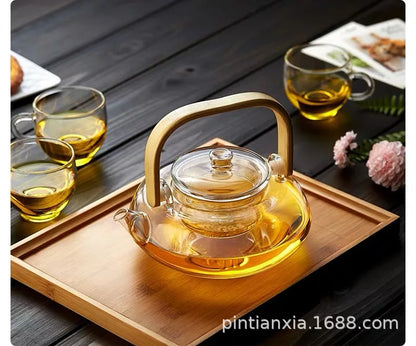 Bamboo-wood Glass Tea-making Teapot Hand-thickened Tea Pot with Filter Liner Flower Can Be Heated By Electric Pottery Oven