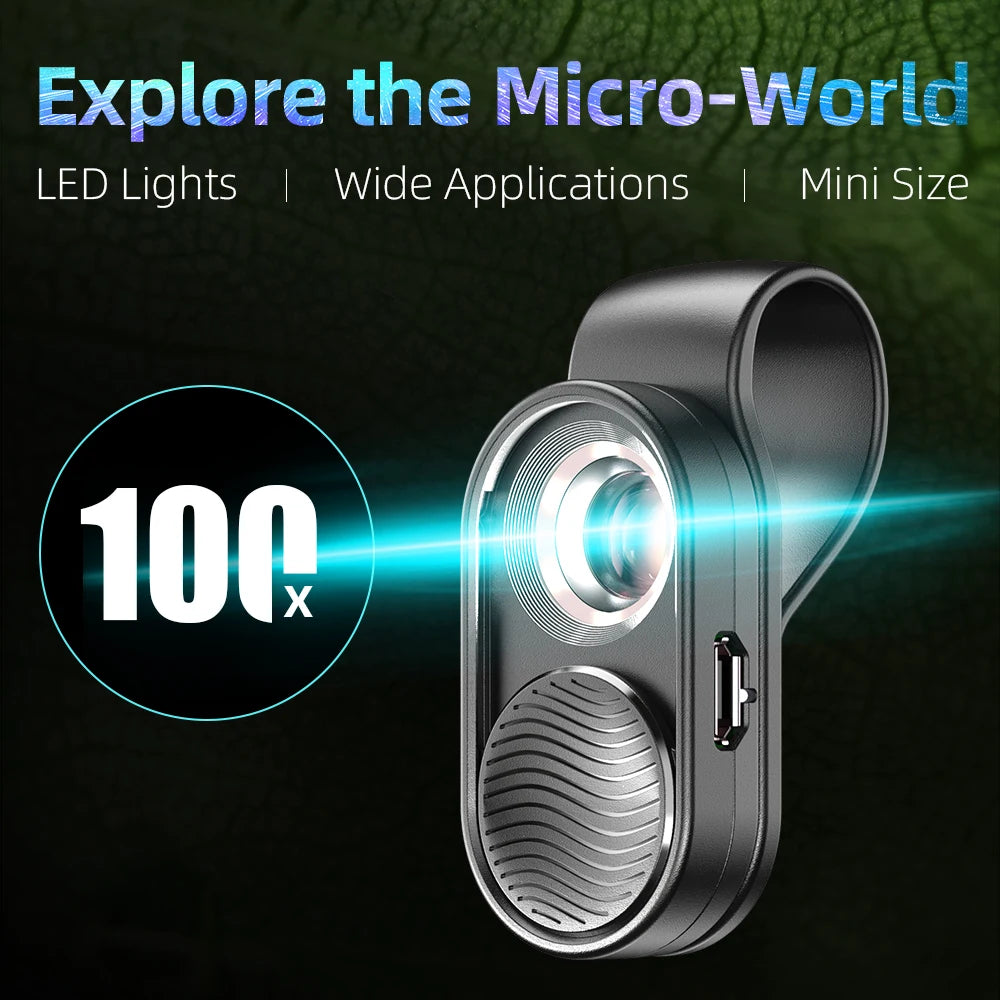 100X Smartphone Microscope Lens with LED Light Universal Clip