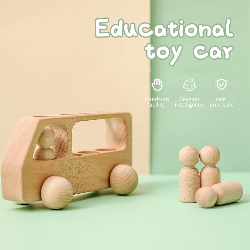 Wooden Bus Baby Toy Beech Bus Hand Push Game Montessori Educational Toys Room Decoration Wooden Building Blocks Handmade Gifts