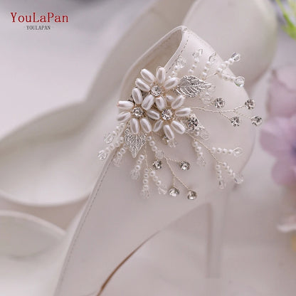 Trenndy Pearl Beaded Bridal Wedding Shoes Clips Rhinestone Alloy Leaf Shoes Accessories for High Heels Shoes Buckle