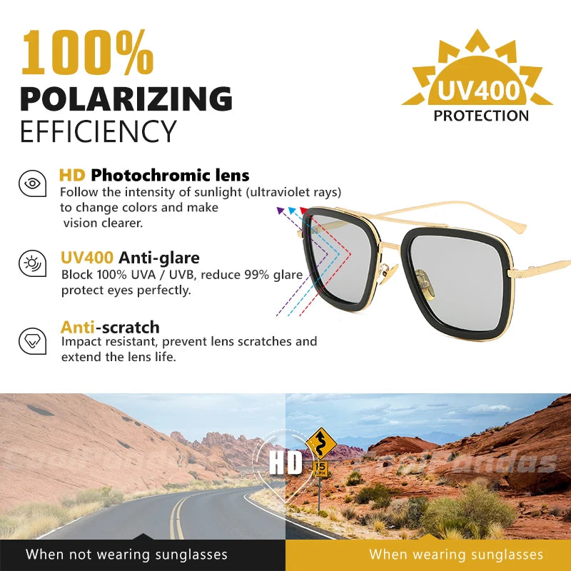 Photochromic Polarized Tony Stark Square Sunglasses for Men Steampunk Driving Glasses