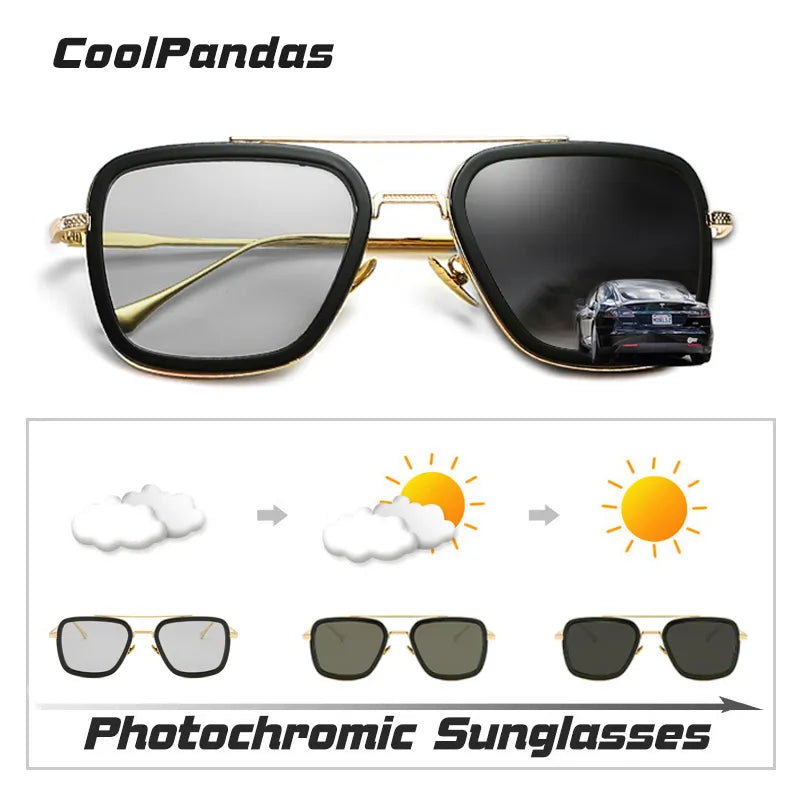 Photochromic Polarized Tony Stark Square Sunglasses for Men Steampunk Driving Glasses