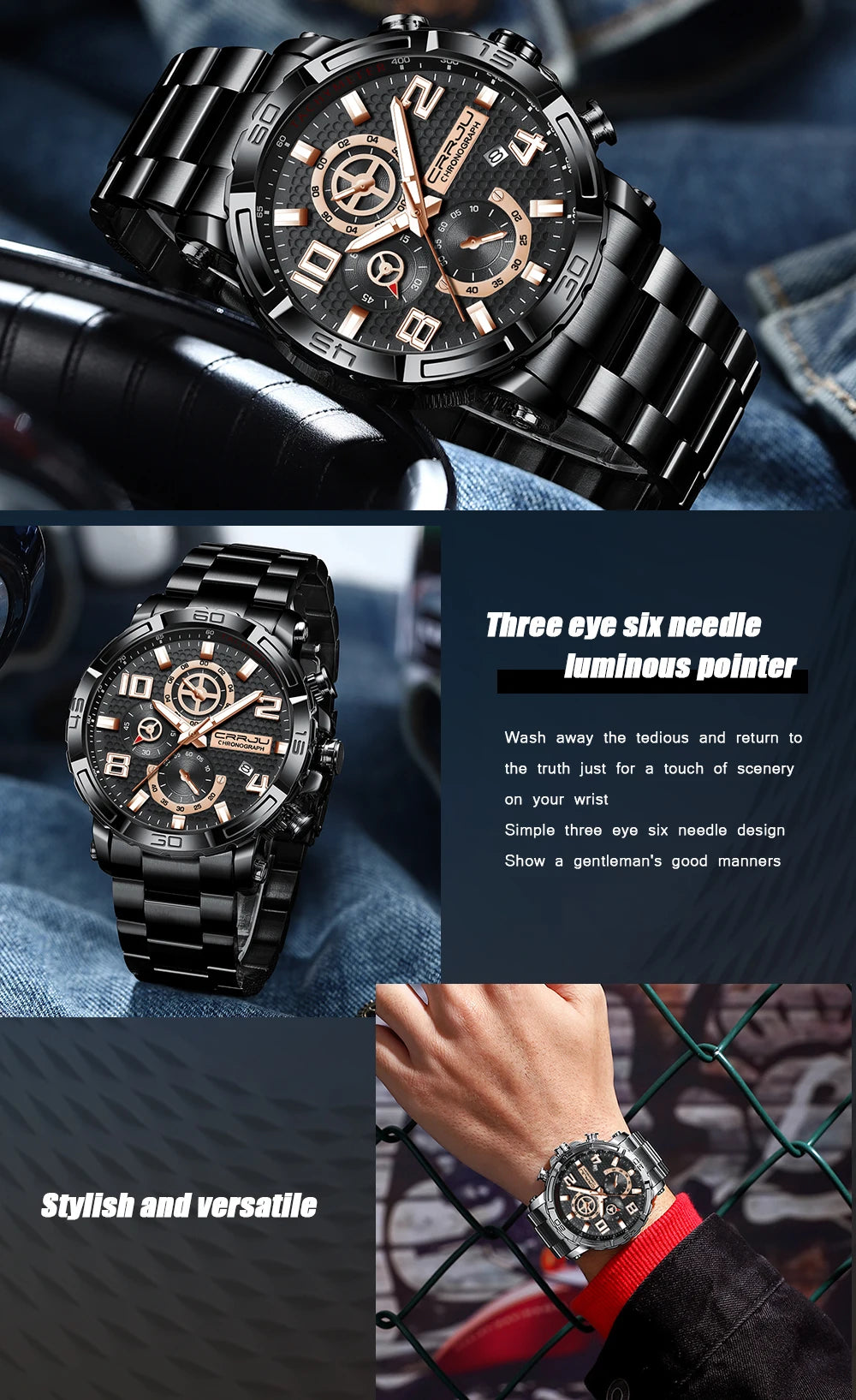 Men Watches Big Dial Waterproof Stainless Steel with Luminous handsDate Sport Chronograph Watches Relogio Masculino