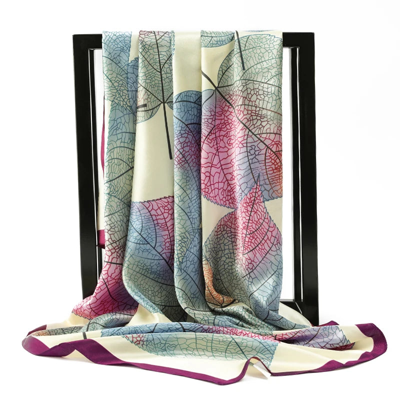 Silk Scarves Women Leaf Print Foulard Satin Square Head Hijab Scarf Ladies Luxury Brand Shawls  Bandana Female Muffler Scarf