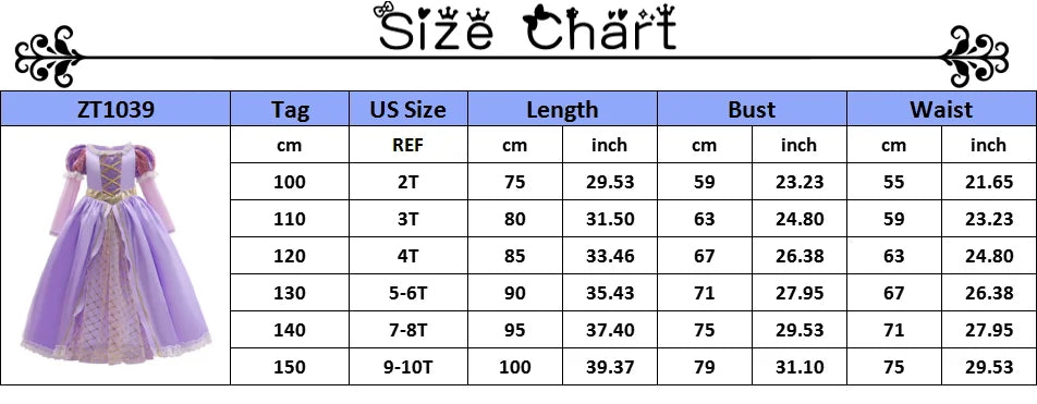 Rapunzel Princess Girl Dress Cosplay Tangled Halloween Party Vestido Kids Birthday Christmas