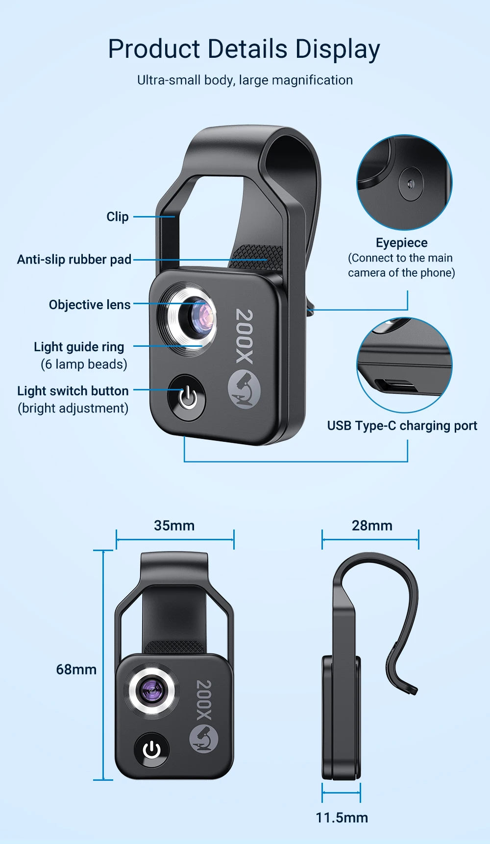 200X Smartphone Microscope Lens with LED Light Universal Clip