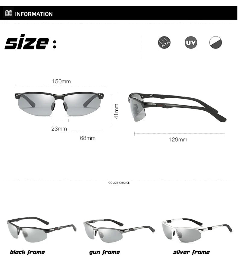 Aluminum Rimless Photochromic Polarized UV400 Driving Sunglasses for Men Women