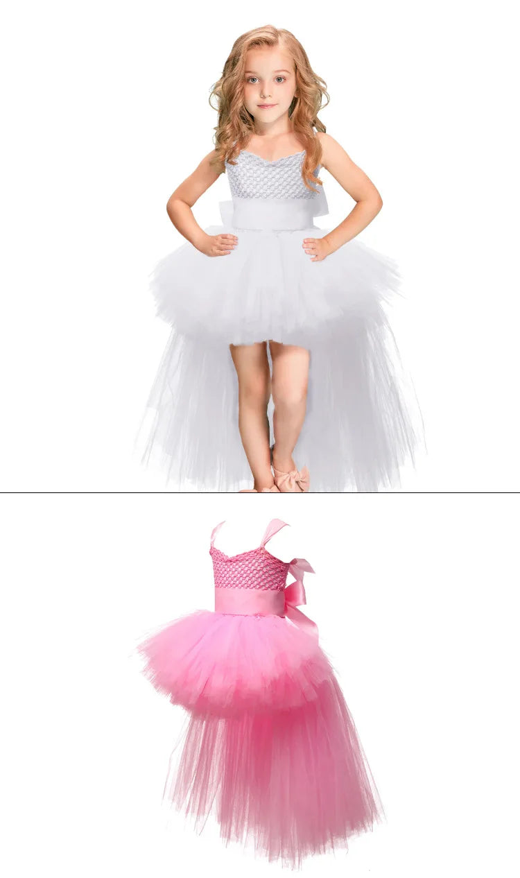 Kids Girls Black Devil Unicorn Tutu Dress V-Neck Train Fallen Dark White Angel Fancy Party Dress Carnival Halloween Costume