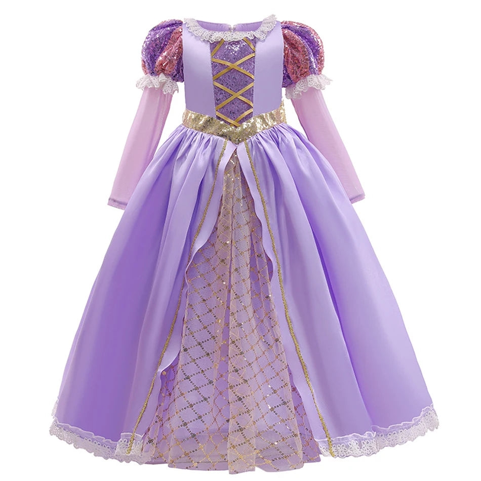 Rapunzel Princess Girl Dress Cosplay Tangled Halloween Party Vestido Kids Birthday Christmas