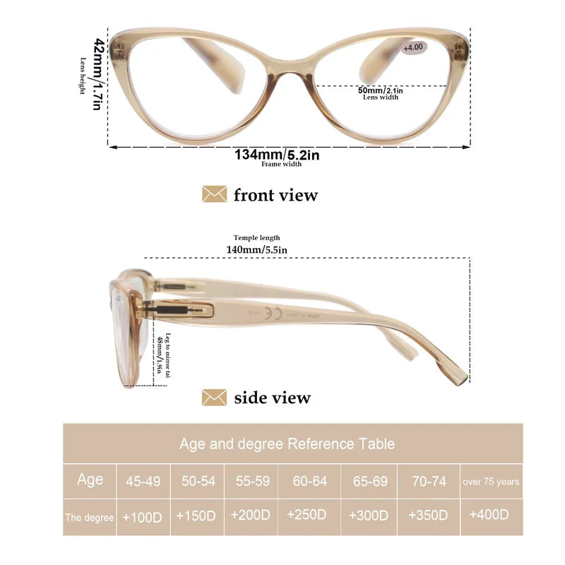 Reading Glasses Classic Oval Cat Eye Frame Female Readers Eyeglasses Comfortable Spring Hinge for Female with Diopter