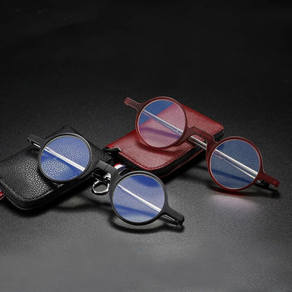 Round Fashion Foldable Reading Glasses Blue Light Blocking Eyeglasses Men with Case 1.0 2.0