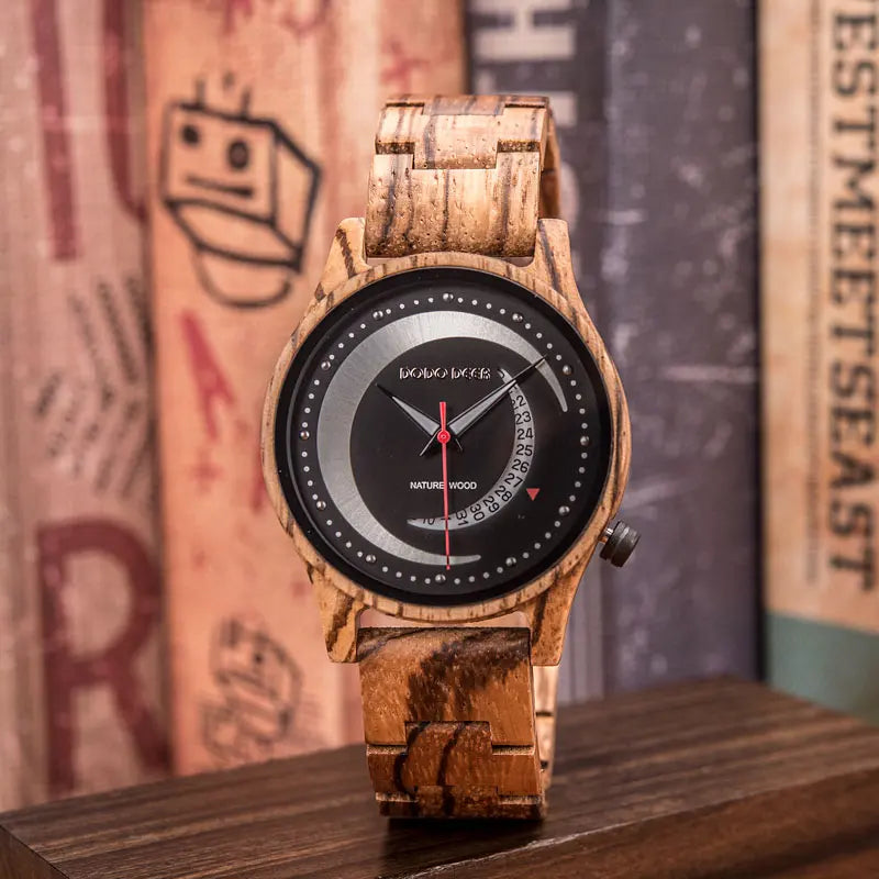 Quartz Watches Show Date Display Zebra Enboy Wood Wristwatch Moon Shape