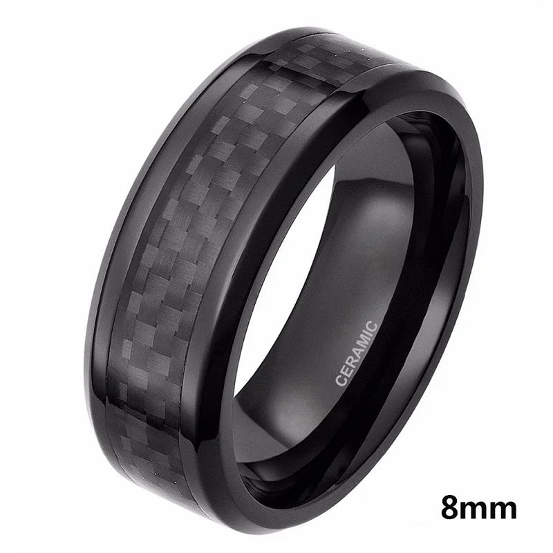 6mm 8mm Men's Black Carbon Fiber Inlay Ceramic Ring Korean Wedding Band Engagement Rings