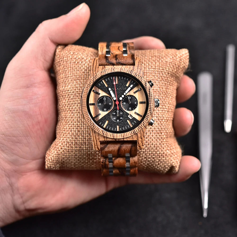 Zebra Handmade Wood Watch Quartz Classic Wristwatch Auto Date Stopwatch