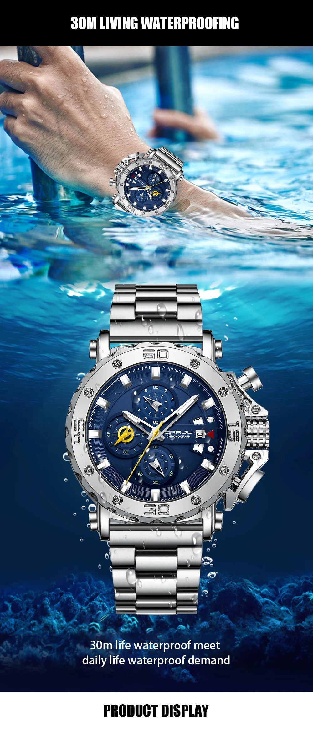 Watch for Men Top Brand Luxury Big Dial Stainless Steel Waterproof Chronograph Wristwatches with Date Relogio Masculino