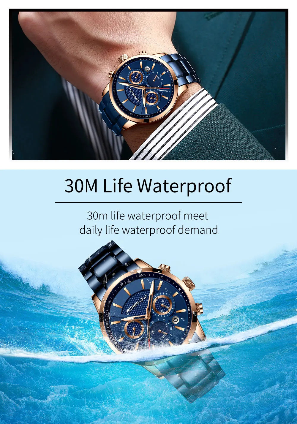 Business Men Watch Fashion Blue Date Chronograph Stianless Steel Wristwatch Mens Casual Waterproof Clock