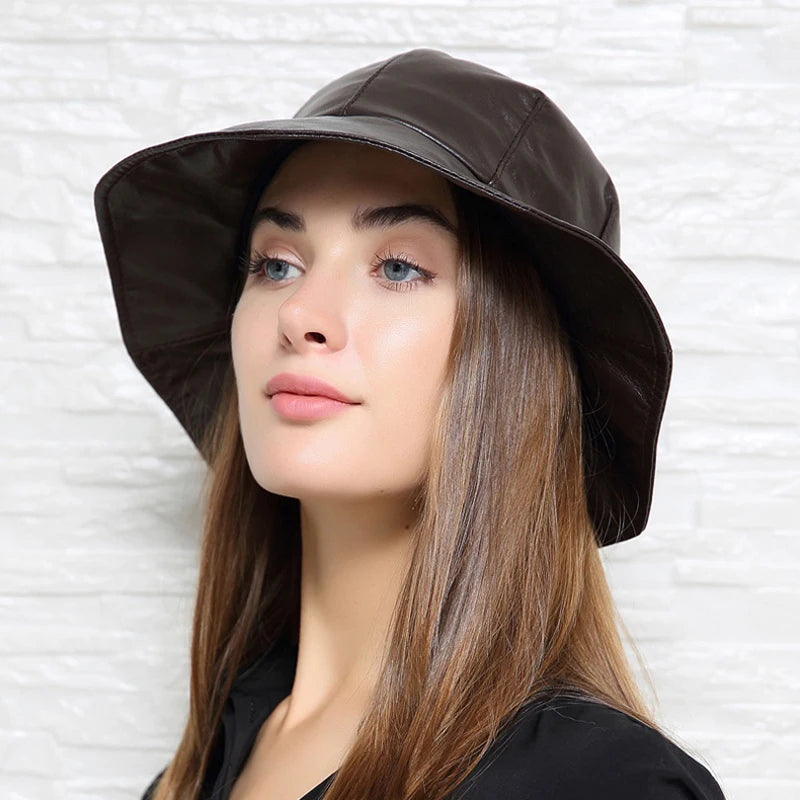 Winter Genuine Leather Hat For Women Korean British Bud Shape Big Brim Basin Caps Japanese Female White Fisherman Top Fedoras