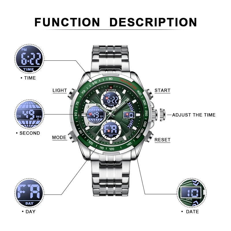 Analog Digital 3ATM Waterproof Stainless steel Wrist Watch LED Luminous Male Clock