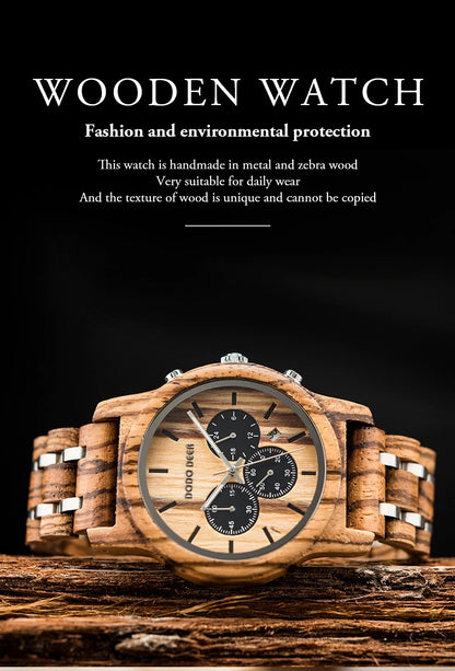 Wooden Stop Watches in Wristwatch Chronograph Auto Date Luminous Hands