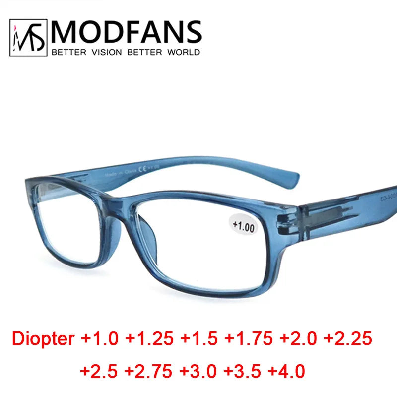 Reading Glasses Square Durable Blue Frame Readers Flexible Spring Hinge Clear View Magnification Strength +0.5 to +5.0