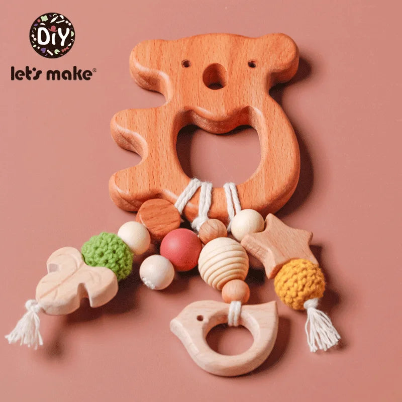 Let's Make 1pc Baby Teether Toys Wooden Animals Birds Pendant Olive Oil Beech Wood Crochet Beads Baby Rattle Stroller Kids Gifts