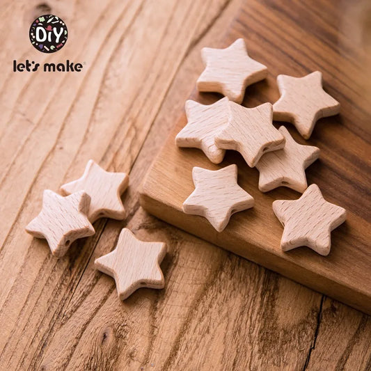 Let's Make Baby Teether Wooden Blanks 50pcs PVC Free DIY Bracelet Necklace Punch Beech Star Teething Beads Toys Tiny Rod Wood