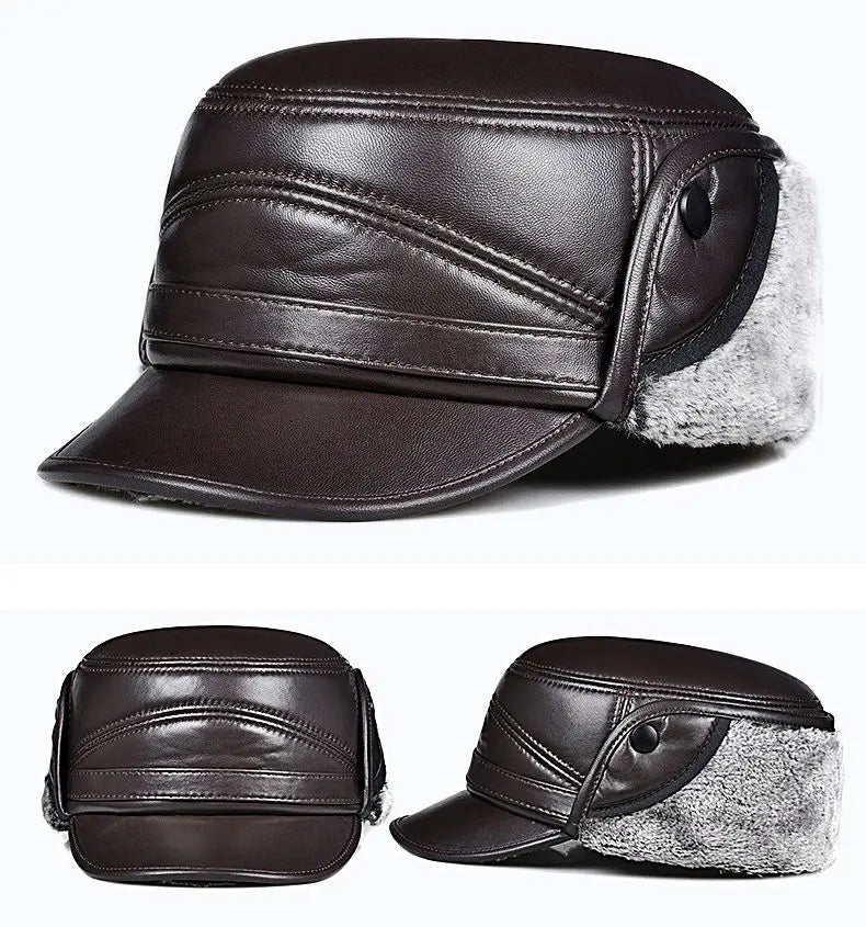 Winter High Quality Genuine Leather Hats Cowhide Keep Warm Earmuffs Bomber Caps Plus Velvet Thicken Man Bone Caps