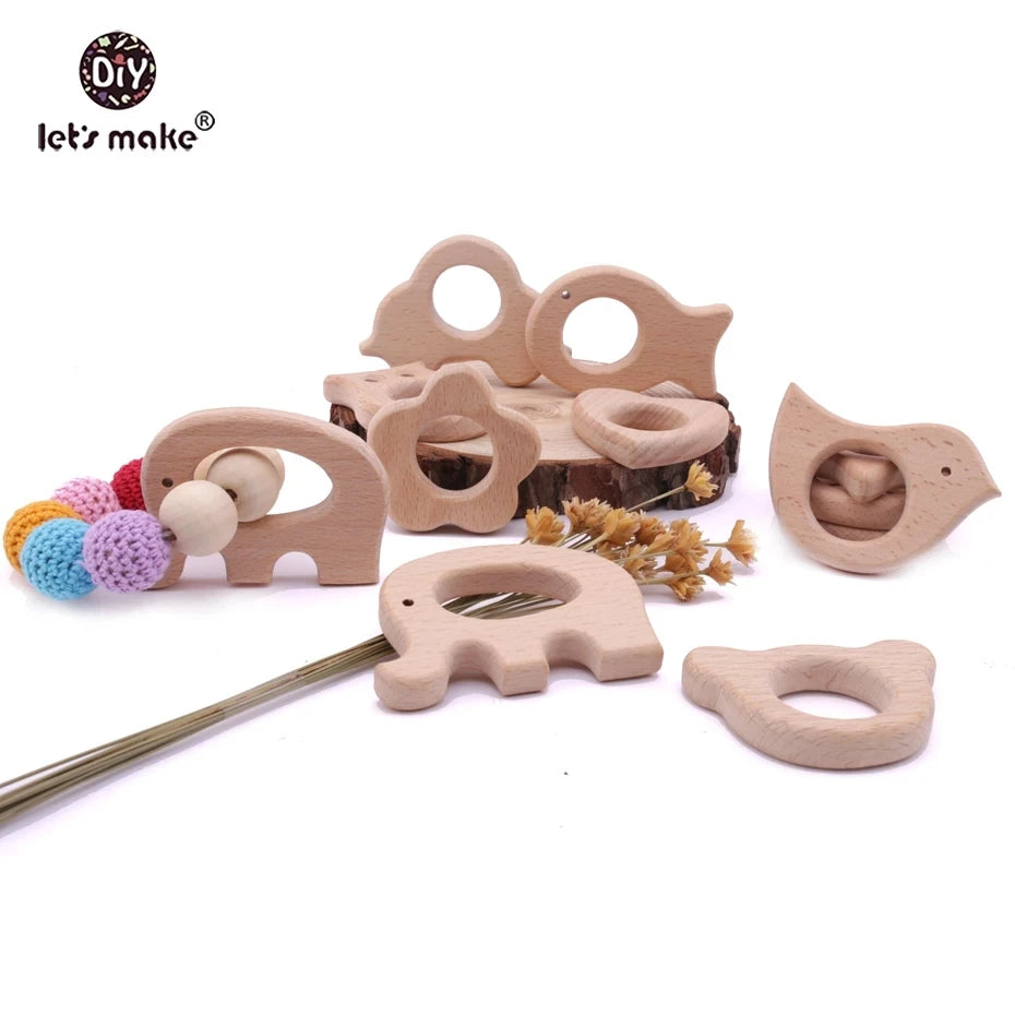 Let's Make 1PC Baby Teether Animal Wood Rings Unicorn Camera Hedgehog Food Grade Wooden Teether Nursing Pendant Teething Toys