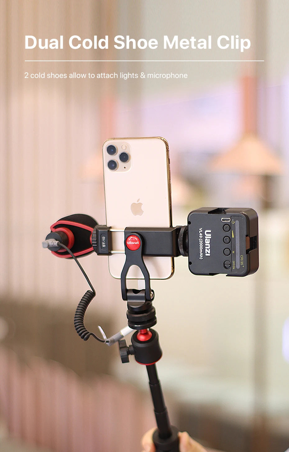 Black Adjustable Metal Phone Mount DSLR Monitor Adapter Cold Shoe Smartphone Holder for LED Light Microphone