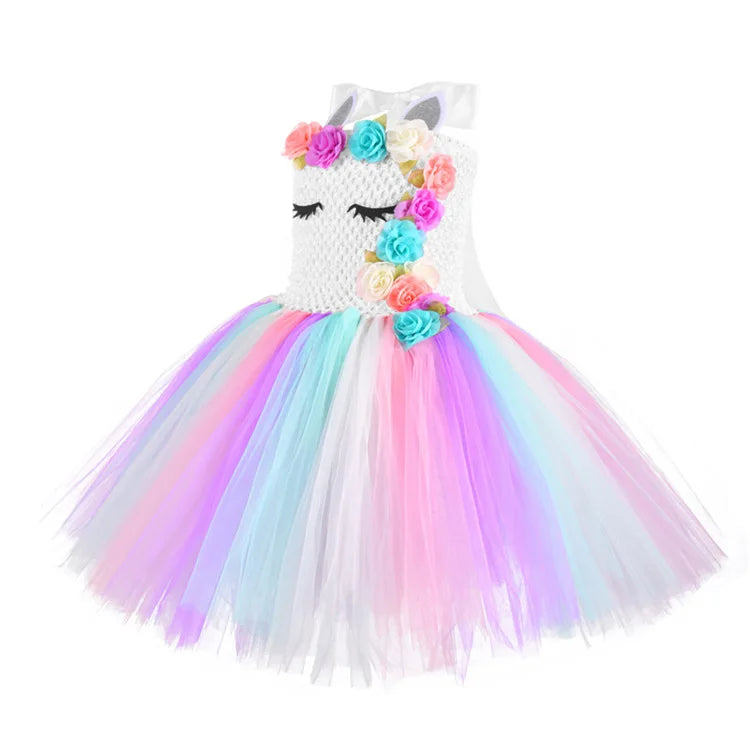 Rainbow Unicorn Princess Dress with Angel Wings Party Costume