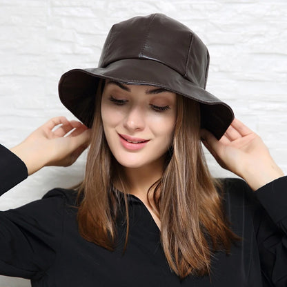 Winter Genuine Leather Hat For Women Korean British Bud Shape Big Brim Basin Caps Japanese Female White Fisherman Top Fedoras