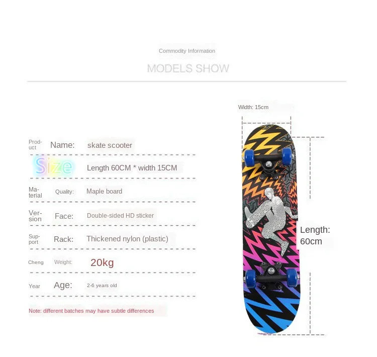 60CM Skateboard Beginner Cartoon Skateboard Maple Wood Deck Skate Board Outdoor Long Board Double Rocker Skateboard
