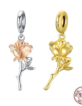 Real 925 Sterling Silver Rose Flower Charms Fit Original Bracelet