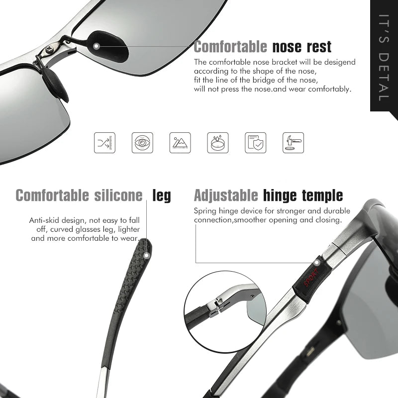 Aluminum Rimless Photochromic Polarized UV400 Driving Sunglasses for Men Women